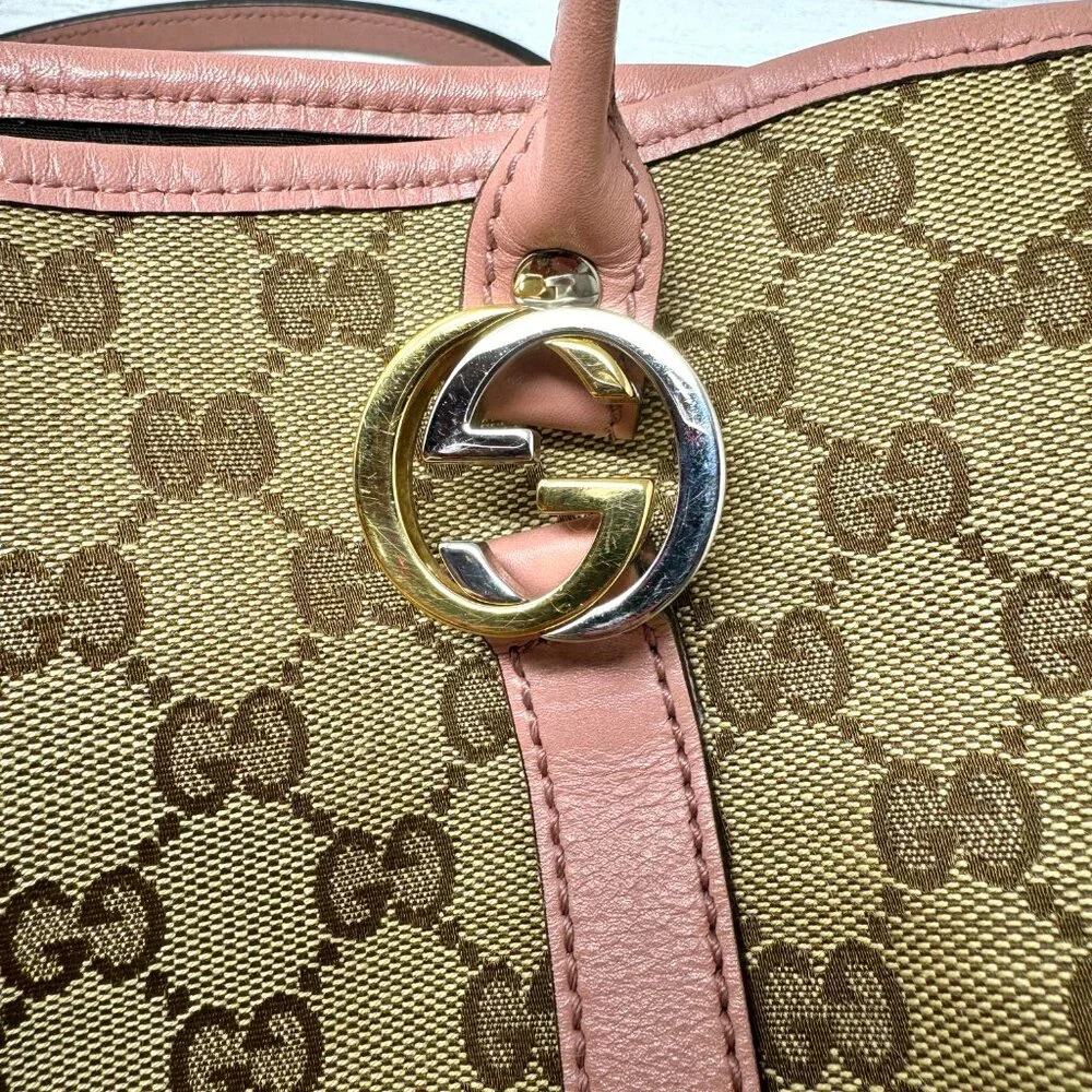 Gucci Beige GG Canvas Tote with Pink Trim and Gold Hardware